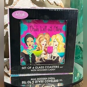 Delish Glass Coasters Set of 4 with Wooden Caddy, new!